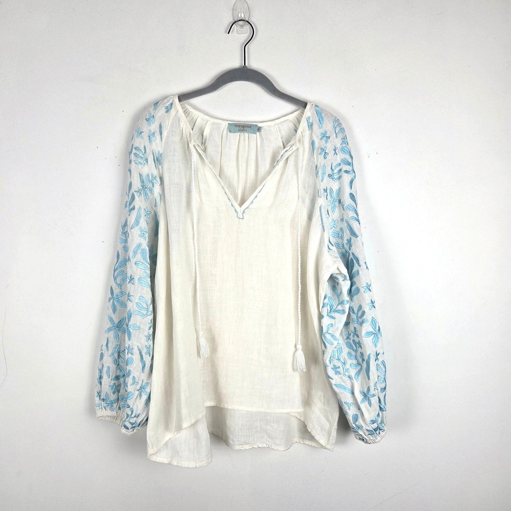 Voyageur by Mersea White Linen Blue Floral Embroidered Top M Boho Festival